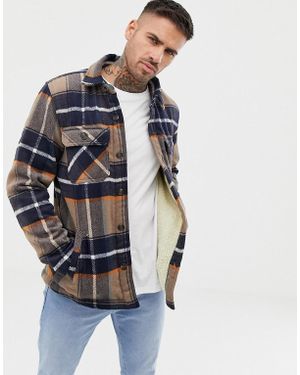 Pull&Bear Fleece Lined Check Jacket In Tan - Blue