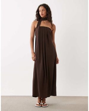 ASOS Bandeua Pleated Trapeze Midi Dress With Scarf Detail - Natural