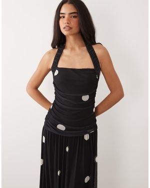 ASOS Vestito Lungo A Ruota Morbido Al Tatto Arricciato E Allacciato Al Collo Con Stampa A Pois - Nero