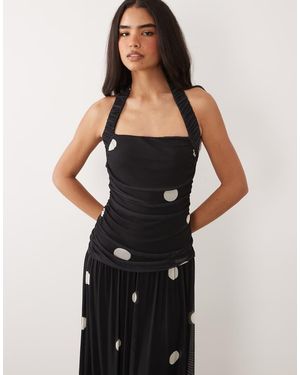 ASOS Zachte Maxi Cirkelrok Met Gerimpelde Halternek En Stippen - Zwart