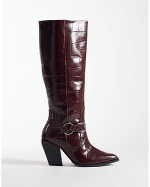 ASOS Carson Leather Western Pull On Knee Boots With Harness - Natural