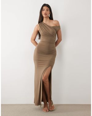 TFNC London Slinky Fallen Shoulder Thigh Slit Maxi Dress - Natural