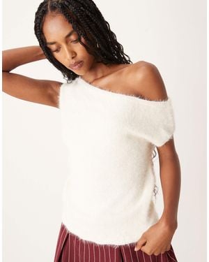 Motel Calyce Off Shoulder Fuzzy Knit Short Knit Top - Natural