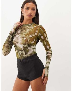 AFRM Top De Manga Larga Con Cuello Redondo De Malla Y Estampado De Serpiente Verde - Multicolor