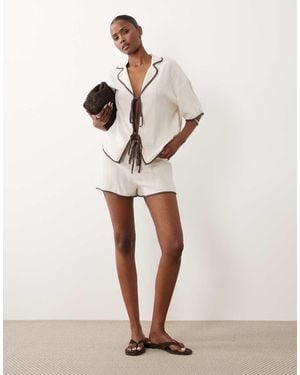 The Frolic Exclusive Linen Feel Contrast Trim High Waisted Beach Shorts Co-Ord - Grey