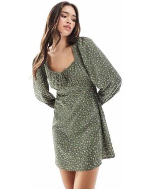 Wednesday's Girl Vestito Corto A Maniche Lunghe Verde Con Stampa A Fiori