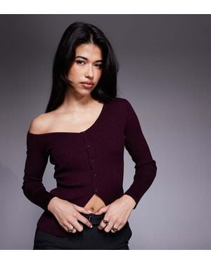 Kaiia Exclusive Off Shoulder Button Split Front Long Sleeve Knitted Top - Purple