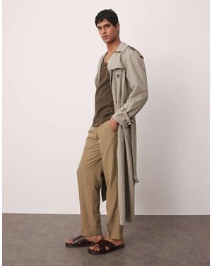 Mango Pantalones Marrones Con Raya Diplomática Fina De Mezcla De Lino De - Neutro