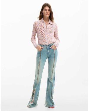 Desigual Pantalones Azules Con Pespuntes Y Detalles De Flores
