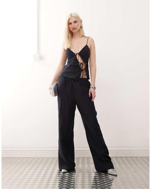 Lioness Idyllic Linen Blend Tie Waist Wide Leg Trousers Co-ord - Blue