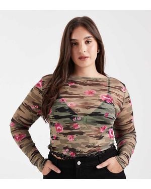 Collusion Camo Rose Print Long Sleeve Top - Brown
