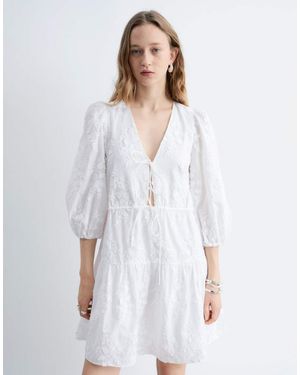 & Other Stories Embroidered Mini Dress With Front Tie Detail And Tiered Hem - White