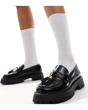 SEQWL Wide Fit Mocasines Negros Con Suela Gruesa Y Borla De