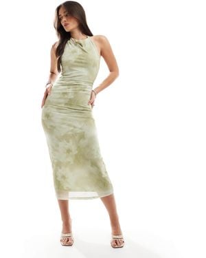 Pull&Bear Cowl Neck Mesh Midi Dress - Green