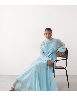 ARRANGE Curve Applique Floral Tie Neck Blouson Sleeve Trapeze Maxi Dress - Blue