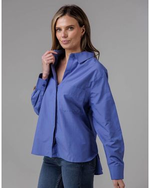 French Connection Cotton Long Sleeve Chest Pocket Poplin Popover High-Low Hem Shirt - Blue