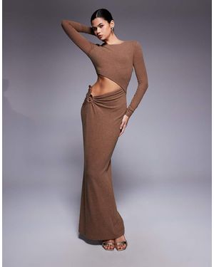 JLUXLABEL Knitted Cut Out Metal Hardware Detail Long Sleeve Maxi Dress - Purple