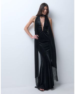 ASOS Plunge Neckline Maxi Dress With Fringe Detail Scarf - Blue