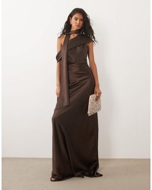 Six Stories Bridesmaid Satin Drape Detail One Shoulder Maxi Dress - Brown