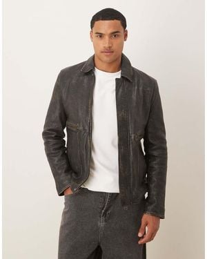 Barneys Originals Real Leather Washed Harrington - Grey