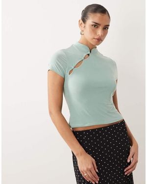 ASOS Fitted Short Sleeve Top With Rouleau Loop Buttons Detail - Green