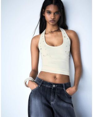 Bershka Halter Neck Top With Buttons - Blue