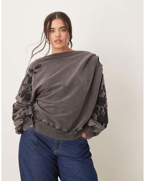 ASOS Asos Design Curve Off The Shoulder Sweat With Embroidery - Gray