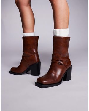 Public Desire Public Desire Dusty Wide Fit Square Toe Heeled Ankle Boots - Brown