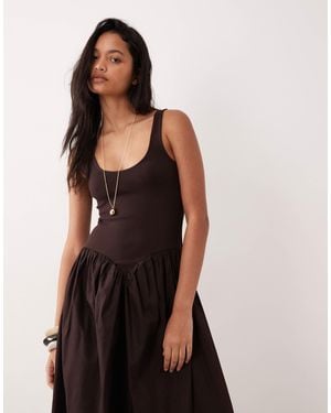 ASOS Basque Waist Midi Dress With Woven Skirt - Brown
