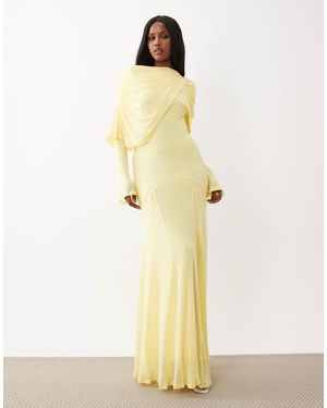 ASOS Modesty Mesh Maxi Dress With Overlay Draped Neckline Detail - Natural