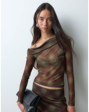 Noisy May Off Shoulder Mesh Top Set - Brown