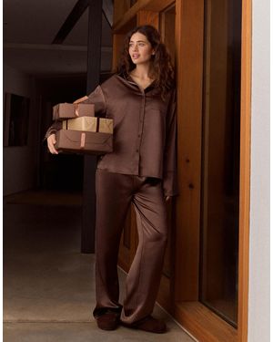 4th & Reckless Satin Elasticated Waist Wide Leg Trouser Co-ord - Brown