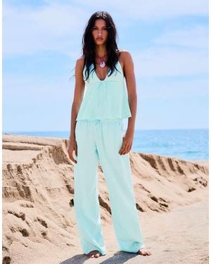 Bershka Halter Top Linen Blend Tie - Blue