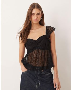 ASOS Cap Sleeve Sweetheart Neck Lace Top - Black