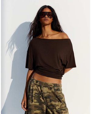 Bershka Asymmetric Print Short Sleeve Blouse - Brown