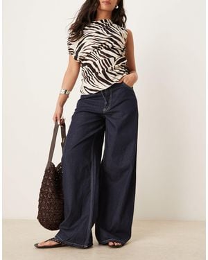 Mango Linen Mix Denim Look Elasticated Waist Wide Leg Trouser - Blue