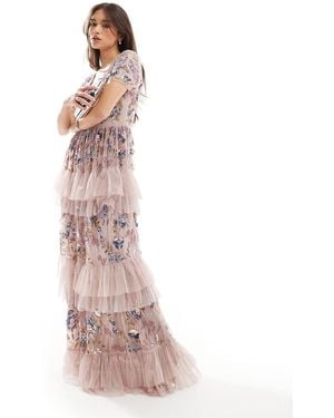 Maya Embellished V Neck Tiered Maxi Dress - Pink