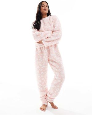 Loungeable Pijama Con Estampado De Leopardo De Sherpa Suave De - Rosa