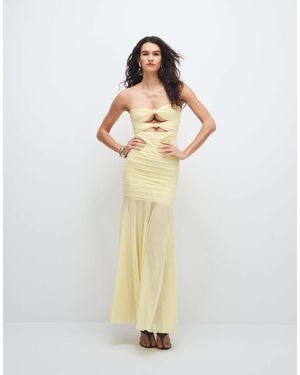 Ruched & Ready Sculpted Mesh Bandeau Cut Out Knot Detail Sheer Hem Maxi Dress - White