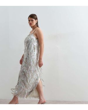 ARRANGE Curve Rhinestone Fringe Sequin Column Cami Maxi Dress - Grey