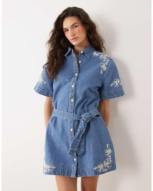 Miss Selfridge Embroidered Denim Dress With Belt - Blue