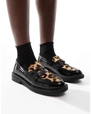Pull&Bear Contrast Leopard Loafers - Black