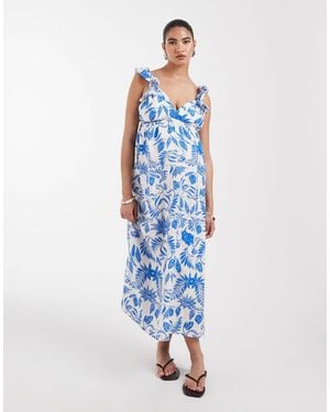 Vero Moda Ruffle Shoulder V Neck Maxi Dress - Blue