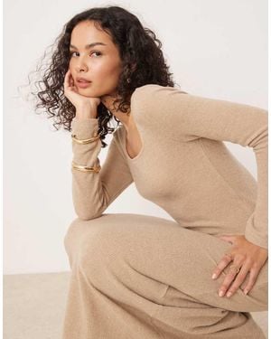 Vila Long Sleeve Square Neck Knitted Maxi Dress - Natural