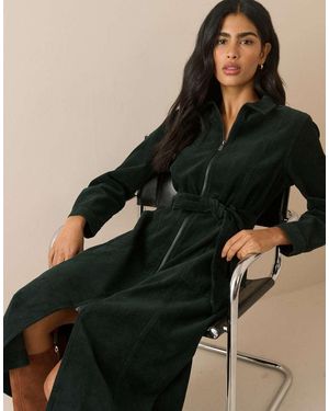 Nobody's Child Kai Cord Midi-Jurk Met Gespreide Kraag, Ritssluiting En Ceintuur - Zwart