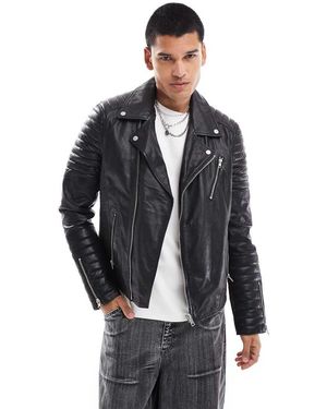 Barneys Originals Real Leather Classic Biker Jacket - Grey