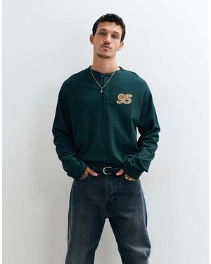 ASOS Heavyweight Oversized Long Sleeve Henley With 95 Embroidery - Green