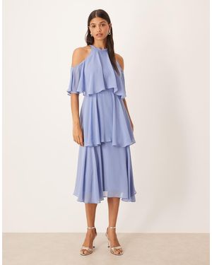 True Decadence High Neck Ruffle Midi Dress - Blue