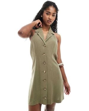 Miss Selfridge Linen Blend Collared Halter Mini Dress Khaki - Green