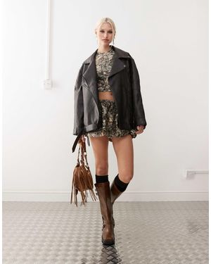 Heretic Nine Oversized Faux Leather Biker Jacket - Natural